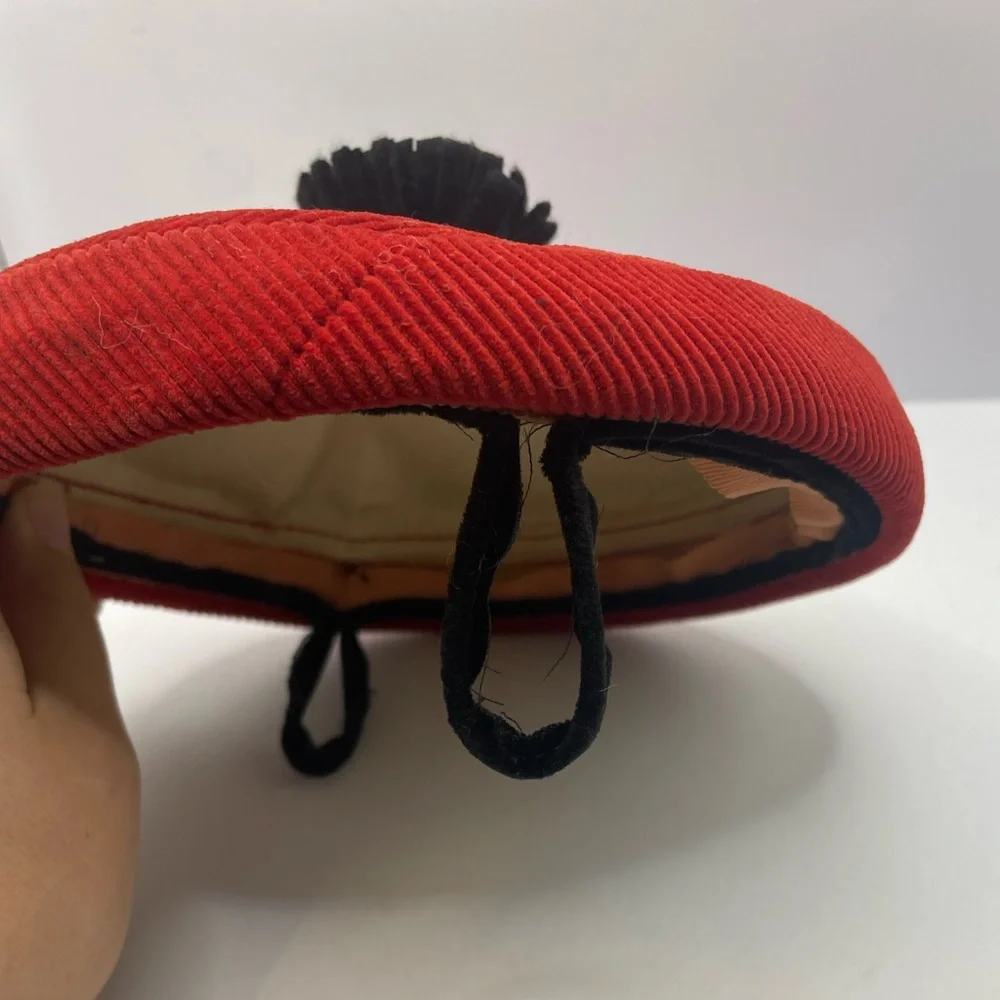 Vintage 60s MCM Red & Black Corduroy Calot Partial Hat / Fascinator W Puff - Picture 8 of 8